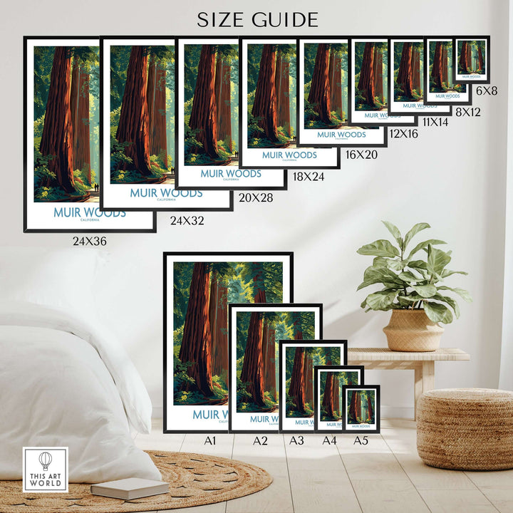 Size guide for Muir Woods print showcasing various frame sizes and a serene indoor setting.
