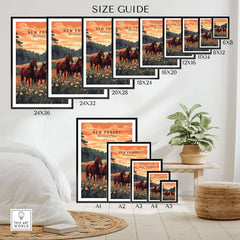 Size guide for New Forest Print showcasing various frame sizes and designs on a stylish interior background.