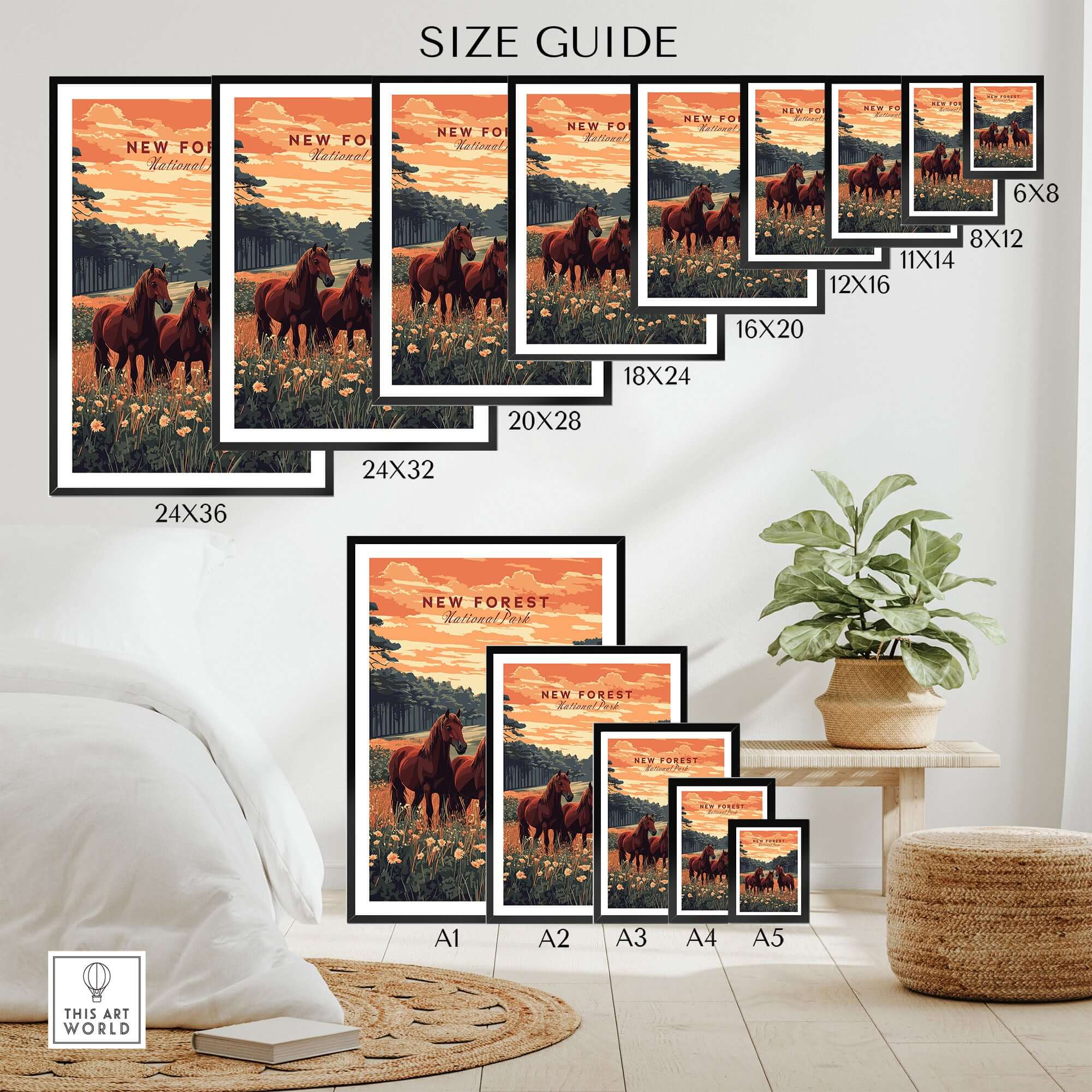 Size guide for New Forest Print showcasing various frame sizes and designs on a stylish interior background.
