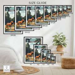 New Forest Print National Park size guide showing various frame sizes and majestic horses in stunning landscapes.