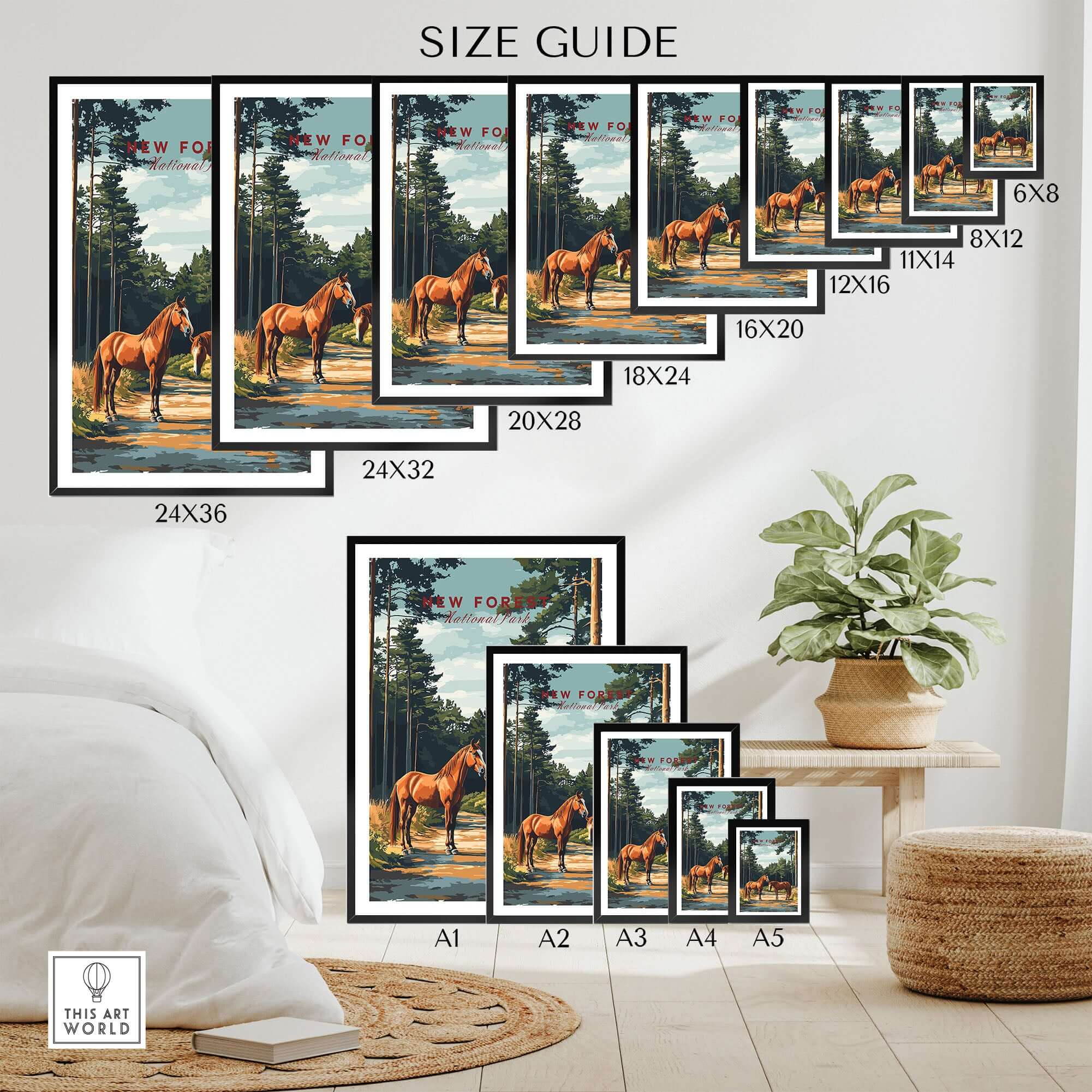 New Forest Print National Park size guide showing various frame sizes and majestic horses in stunning landscapes.