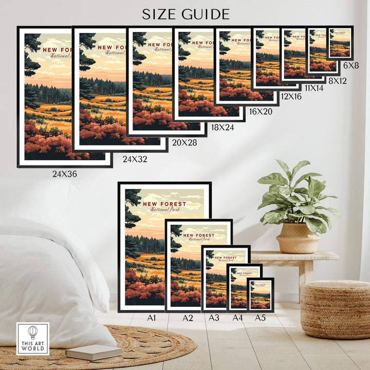 "New Forest England National Park Print size guide with various poster dimensions displayed in a cozy living room setting"