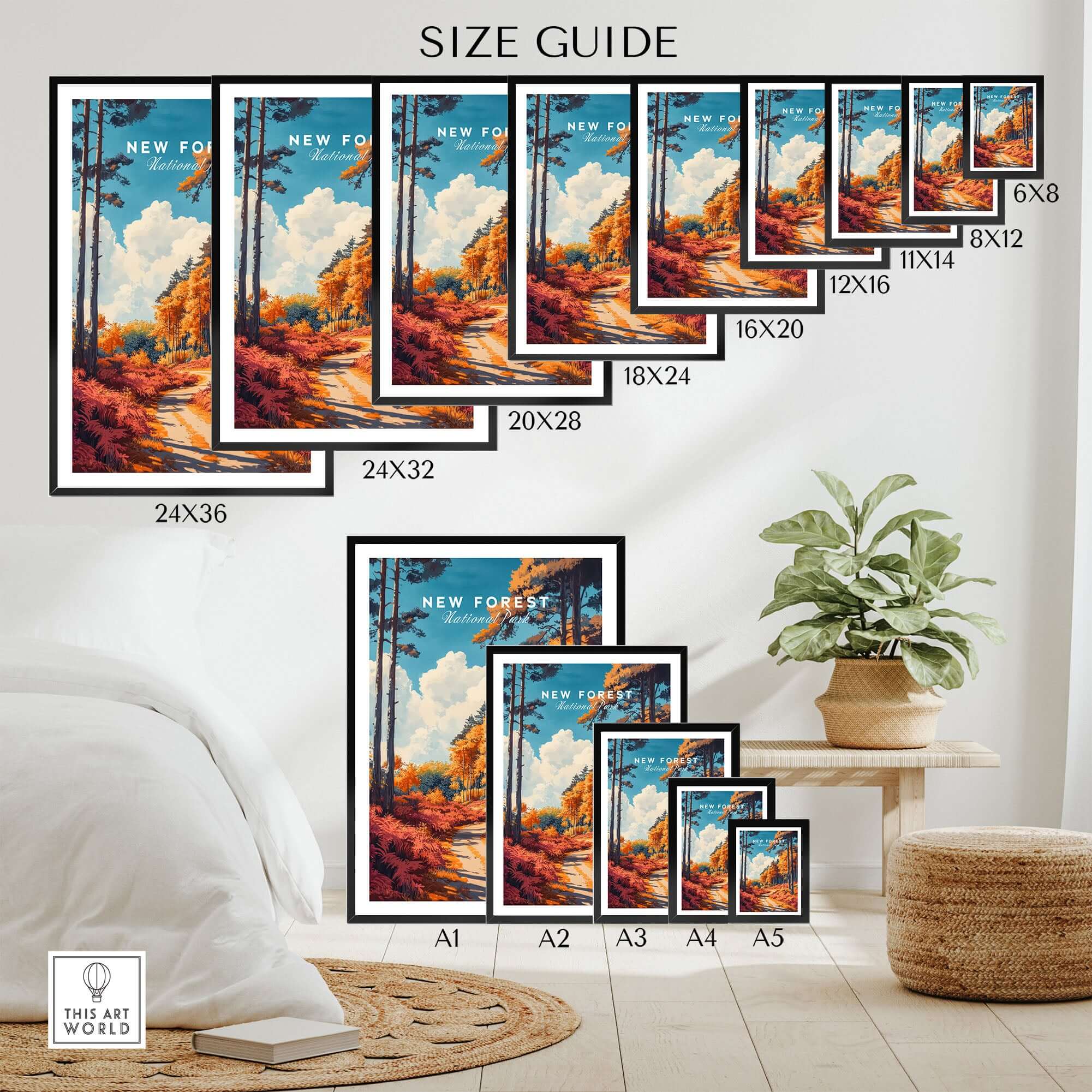 New Forest Travel Poster England size guide displaying various frame sizes on a stylish interior background.