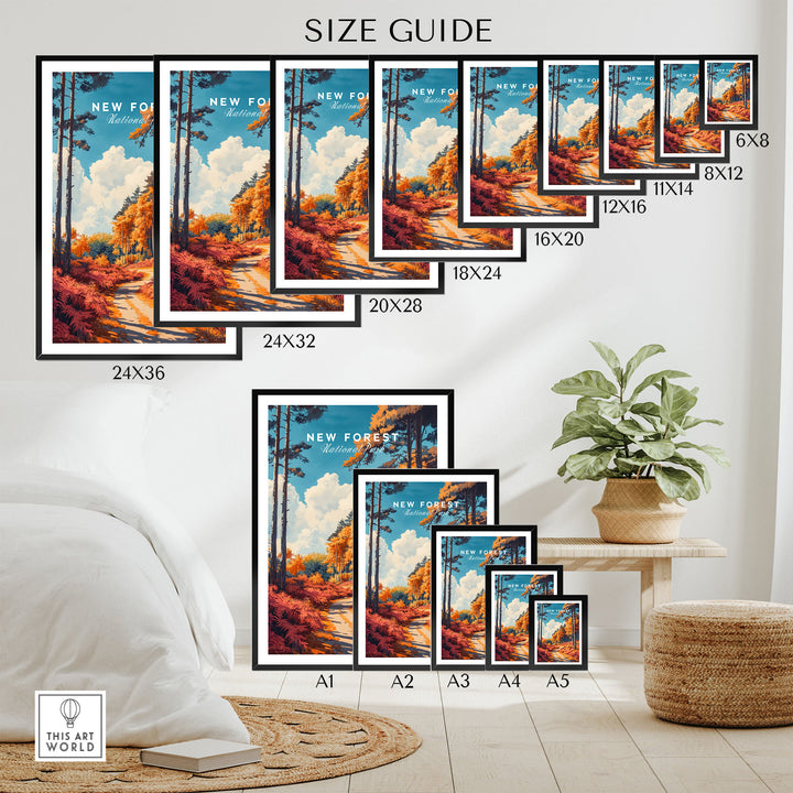 New Forest travel poster England size guide, showcasing multiple framed poster sizes on a wall above a bed.