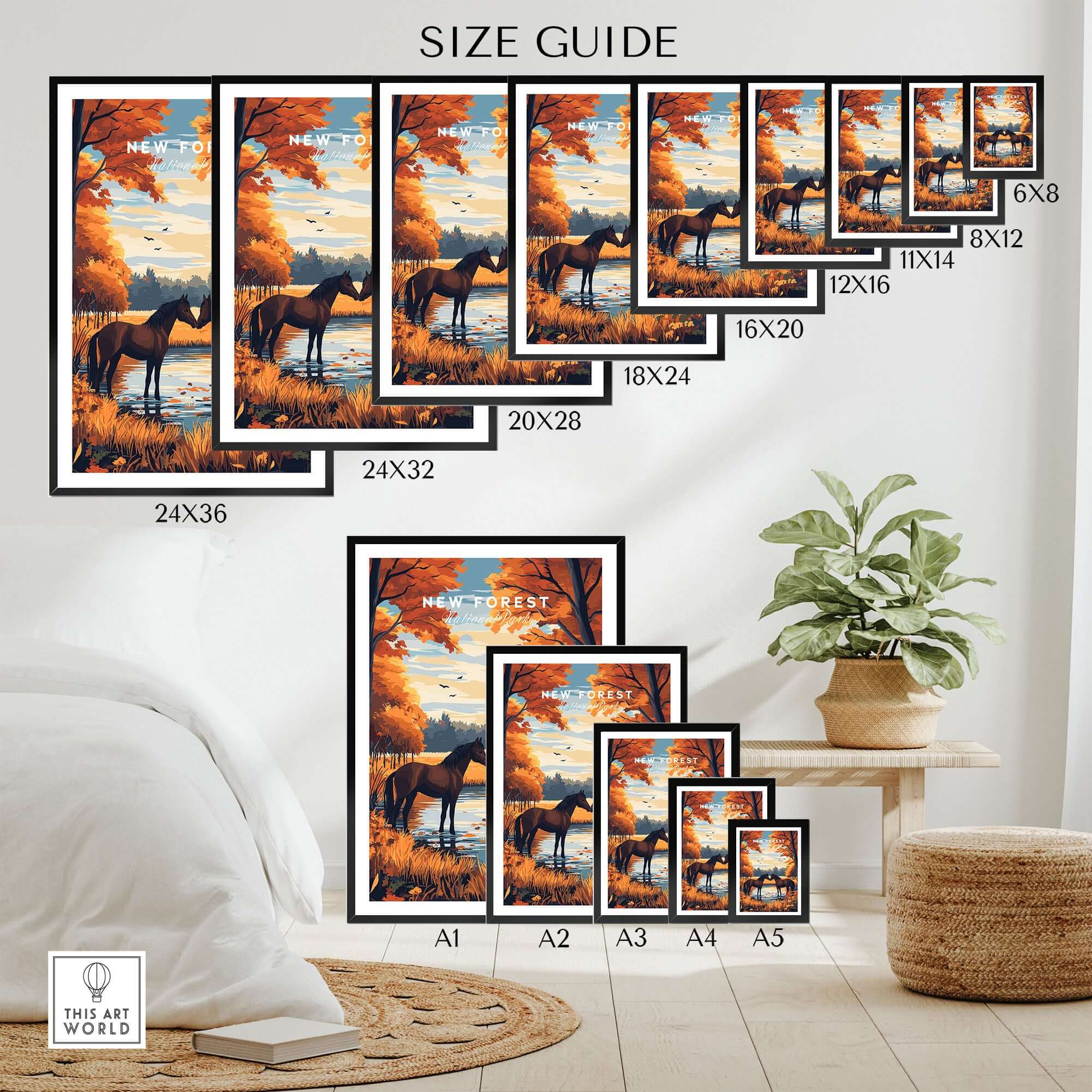 New Forest Wall Art Print size guide showcasing various frame sizes for home decor.