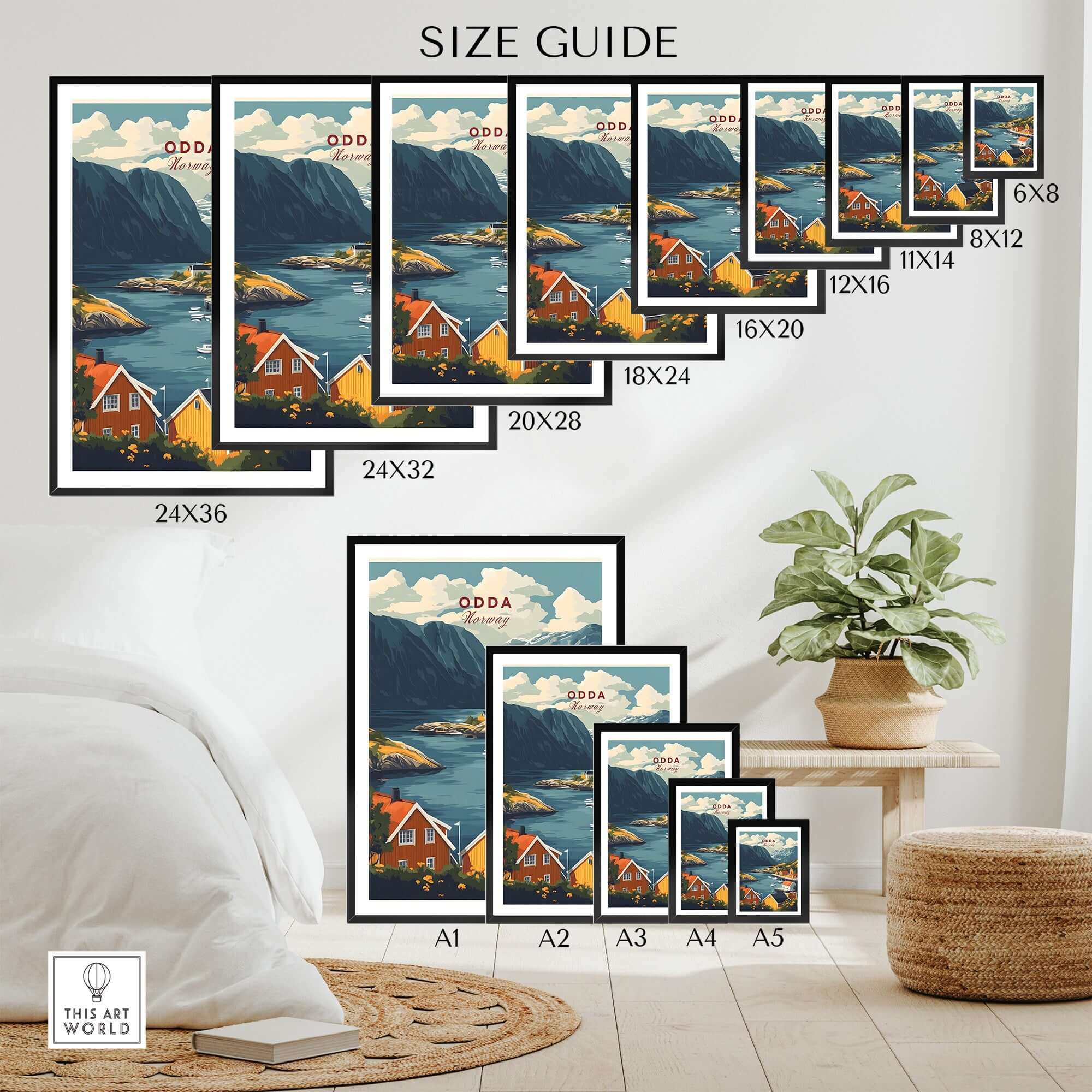 Size guide for Odda Travel Poster showcasing various frame sizes and a stunning Norwegian landscape.