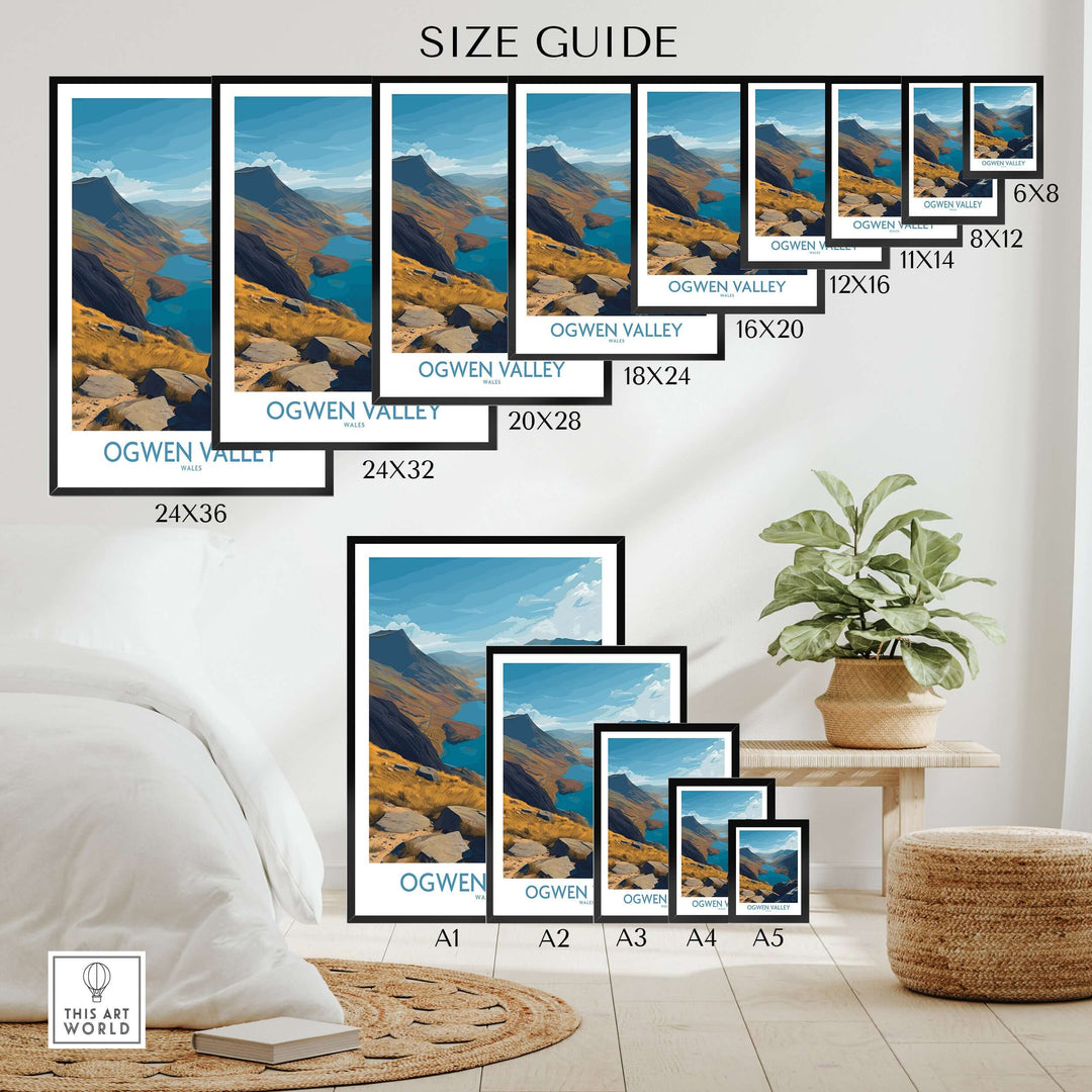 Size guide for Ogwen Valley Wales poster depicting blue lakes and peaks in various frame sizes.