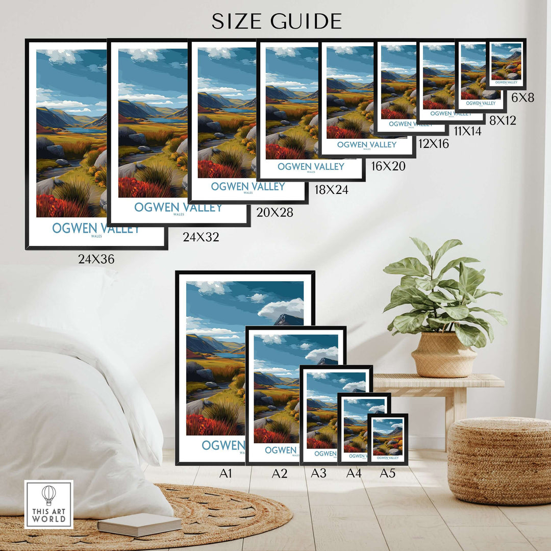 Ogwen Valley wall art size guide featuring Welsh nature landscape prints, showcasing various dimensions for decor.