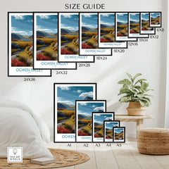 Ogwen Valley Wall Art Wales Rocky Valley - Welsh Nature Travel Decor Size Guide showcasing various frame options.