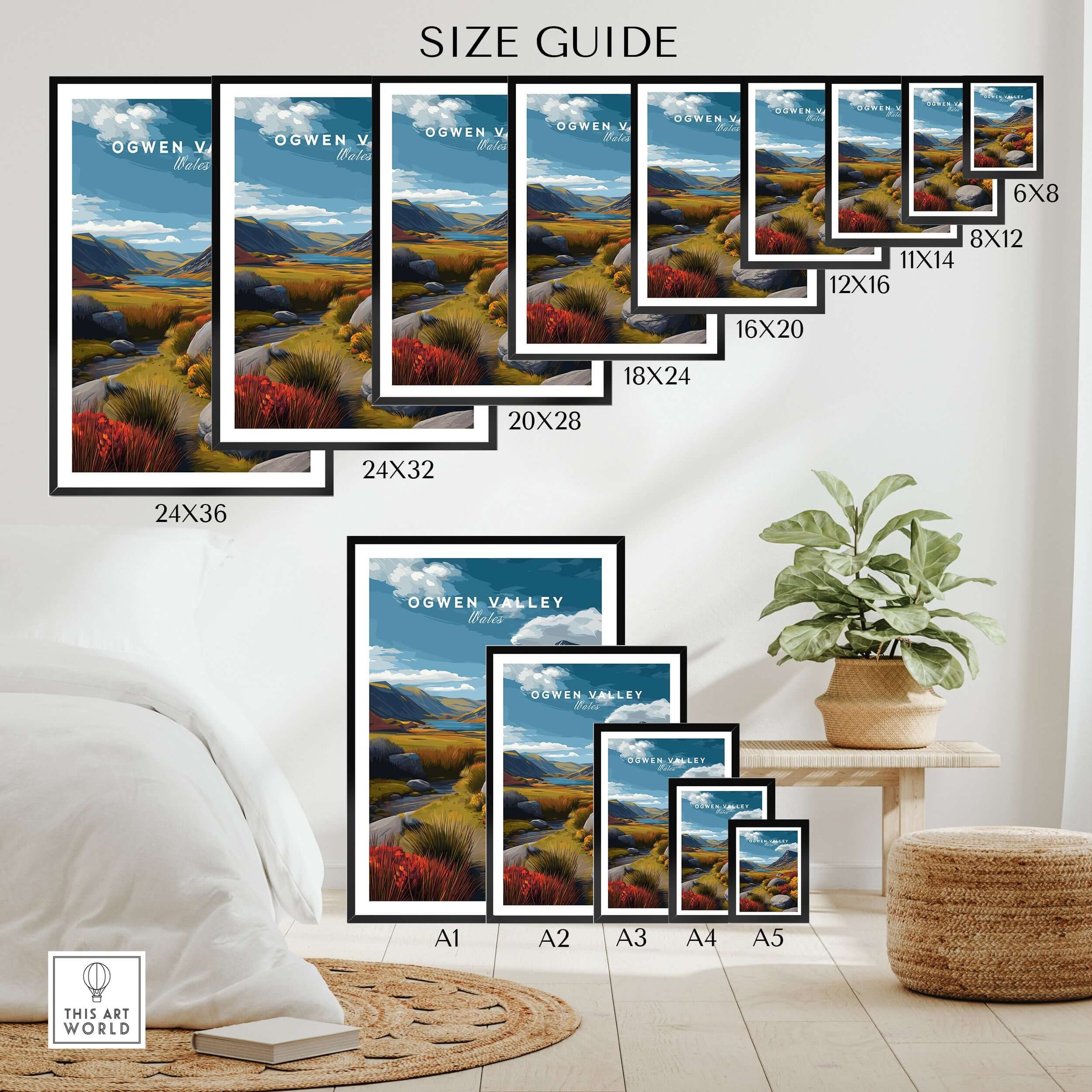 Ogwen Valley Wales Print Stream & Mountainside - Colorful Highland Landscape Poster Size Guide