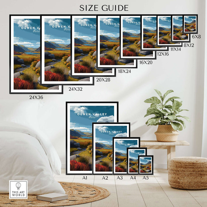 Ogwen Valley Wales poster size guide showcasing various dimensions for colorful highland landscape prints.