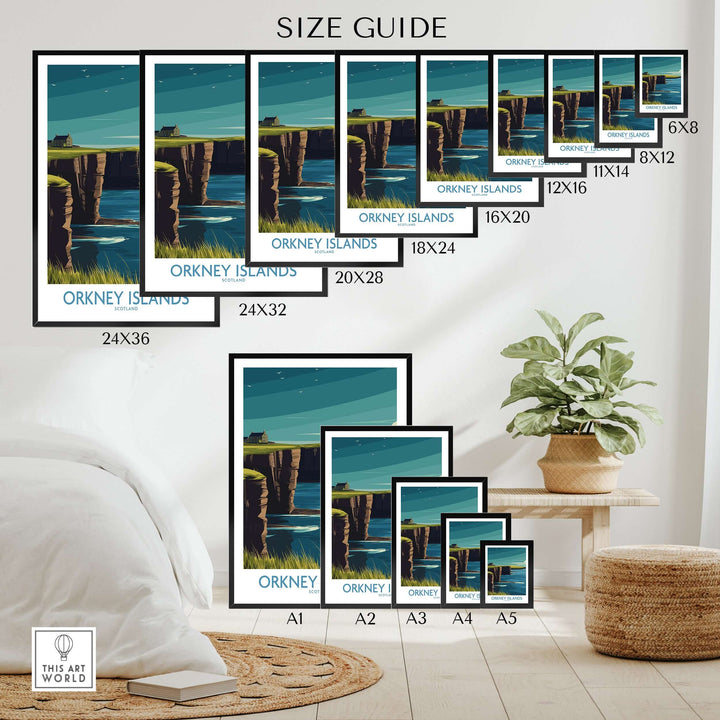 Size guide for Orkney Islands Scotland wall art showcasing various frame sizes and styles in a stylish interior setting.
