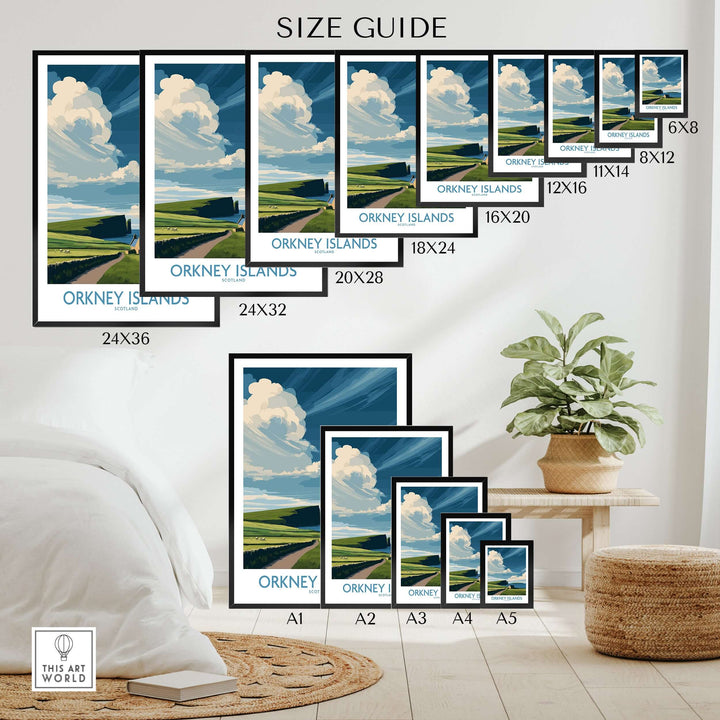 Size guide for Orkney Islands wall art featuring various frame sizes and landscape design.
