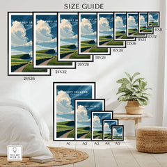 Size guide for Orkney Islands Coastal Cottage Print - Green Hills Scotland Poster in various dimensions.