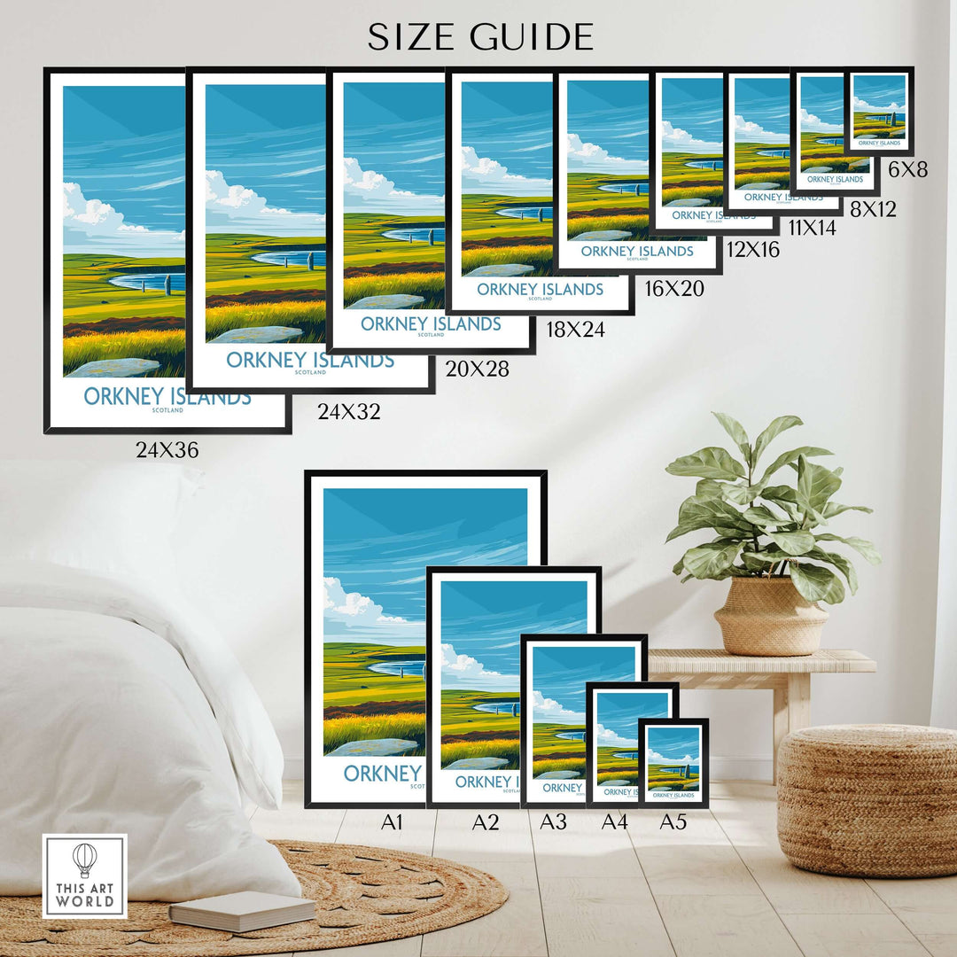 Size guide for Orkney Islands Scotland Prehistoric Stones poster showcasing available dimensions and decor options.