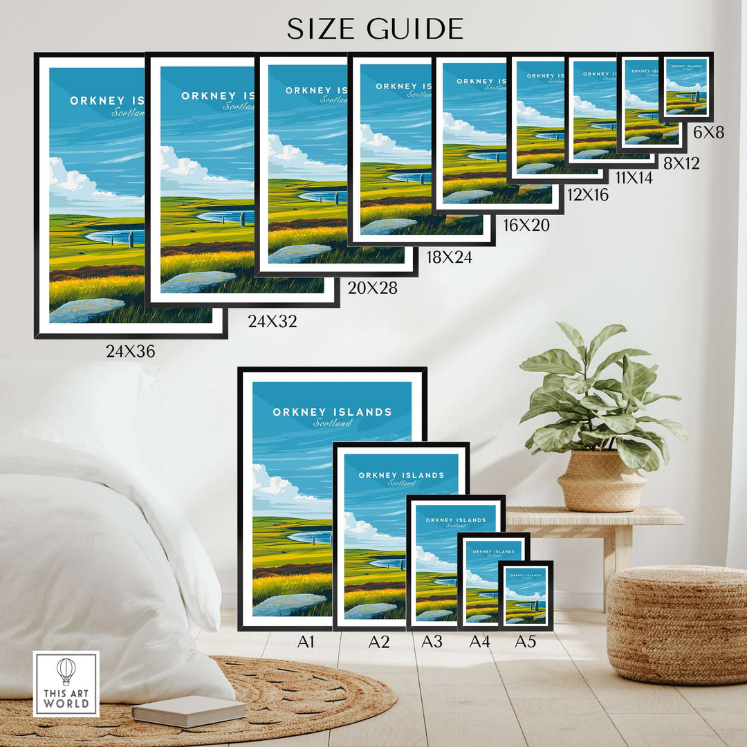 Size guide for Orkney Islands Standing Stones print showcasing various frame sizes and artwork layout.