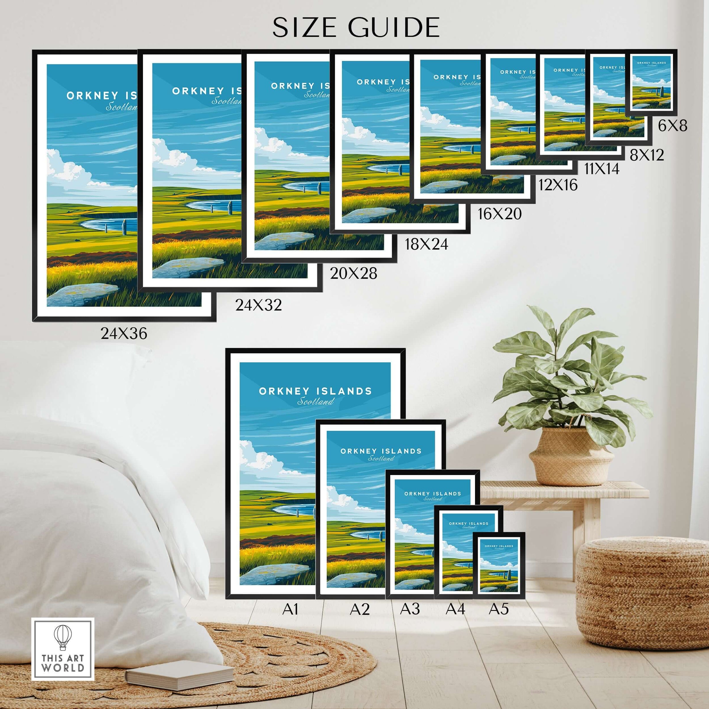 Size guide for Orkney Islands Standing Stones Print - Scotland Ancient Landmark Wall Art in various dimensions.