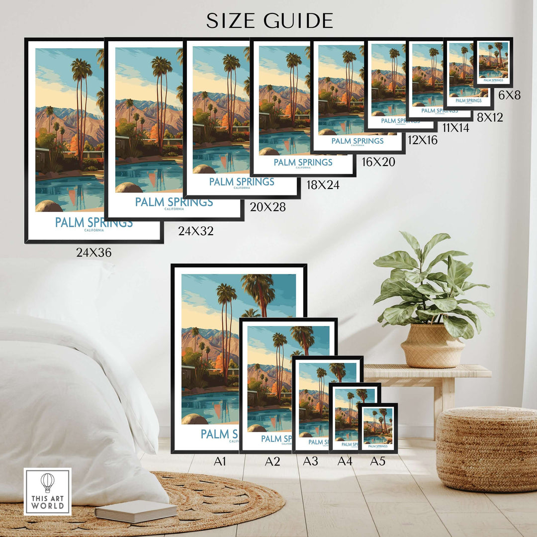 Size guide for Palm Springs California mountain view print with palm trees and pool decor options.