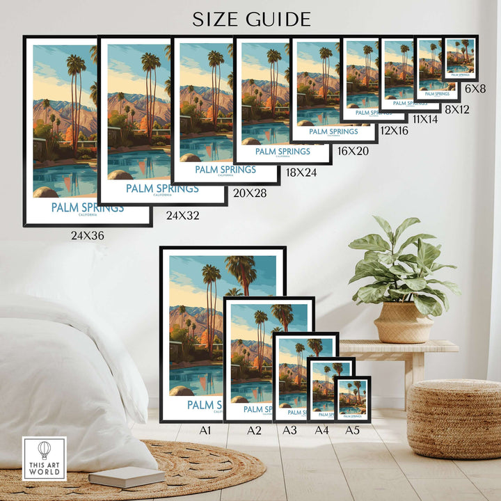 Size guide for Palm Springs California mountain view print with palm trees and pool decor options.