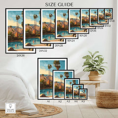 Palm Springs California Mid-Century Modern Home Poster - Desert City Wall Art size guide featuring various frame dimensions.