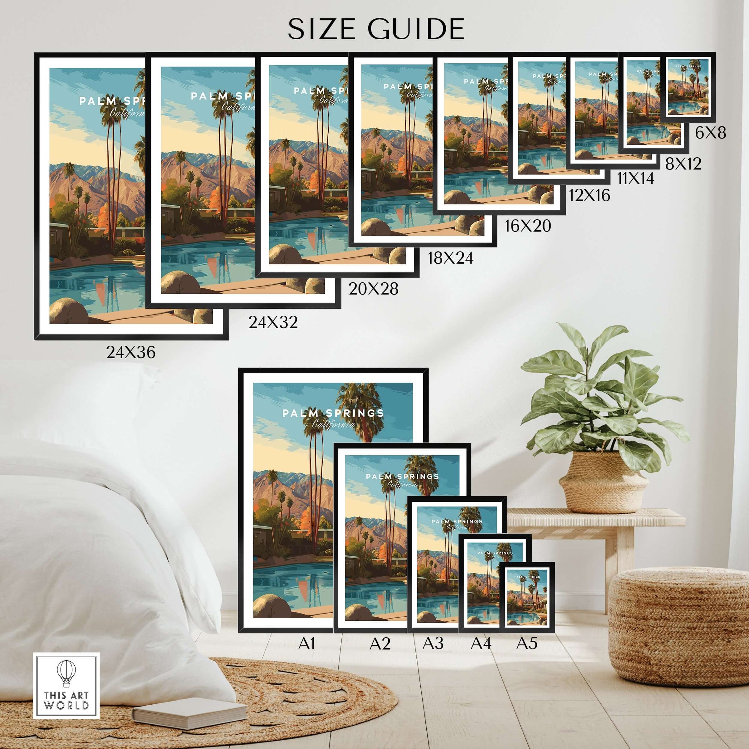 Palm Springs California Mid-Century Modern Home Poster - Desert City Wall Art size guide featuring various frame dimensions.