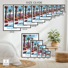 Palm Springs California Vibrant Garden Poster - California Resort Decor Size Guide for various print dimensions.