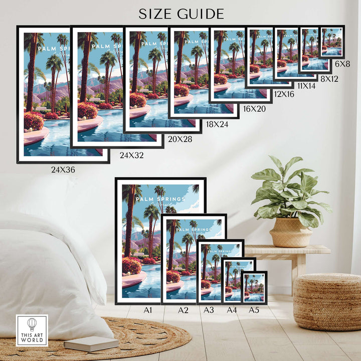 Size guide for Palm Springs Tropical Poolside Print with various frame sizes displayed.