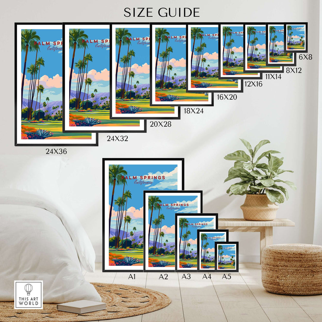 Size guide for Palm Springs Golf Course poster showcasing various dimensions and elegant desert mountain view design.