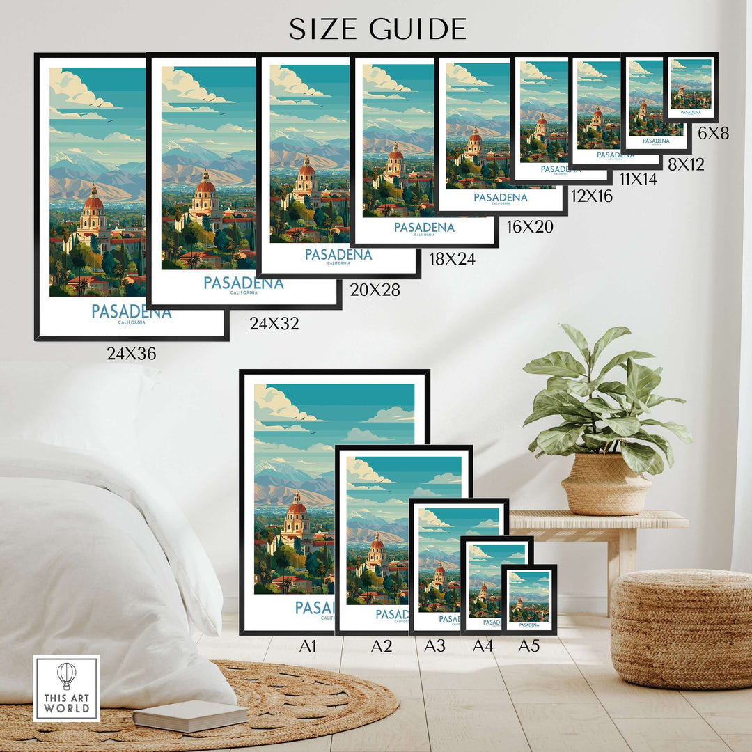 Size guide for Pasadena California skyline wall art prints in various sizes on display in a stylish room.