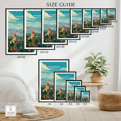Pasadena California Print City Hall - San Gabriel Mountain Poster size guide showcasing various framed print sizes.