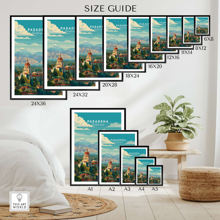Size guide for Pasadena California print featuring City Hall and San Gabriel Mountains in various frame sizes.