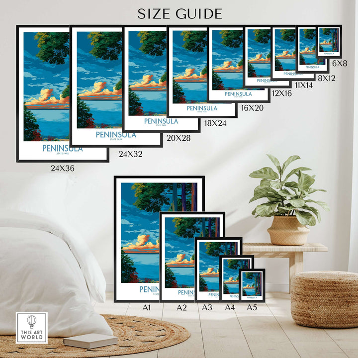 Size guide for Peninsula State Park vibrant trees landscape print, featuring various frame dimensions.