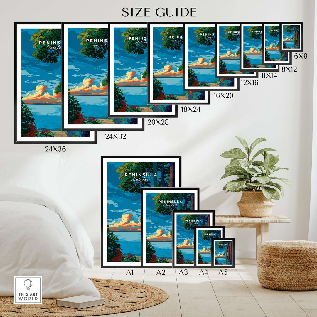 Size guide for Peninsula State Park sunset poster featuring various frame options and dimensions.