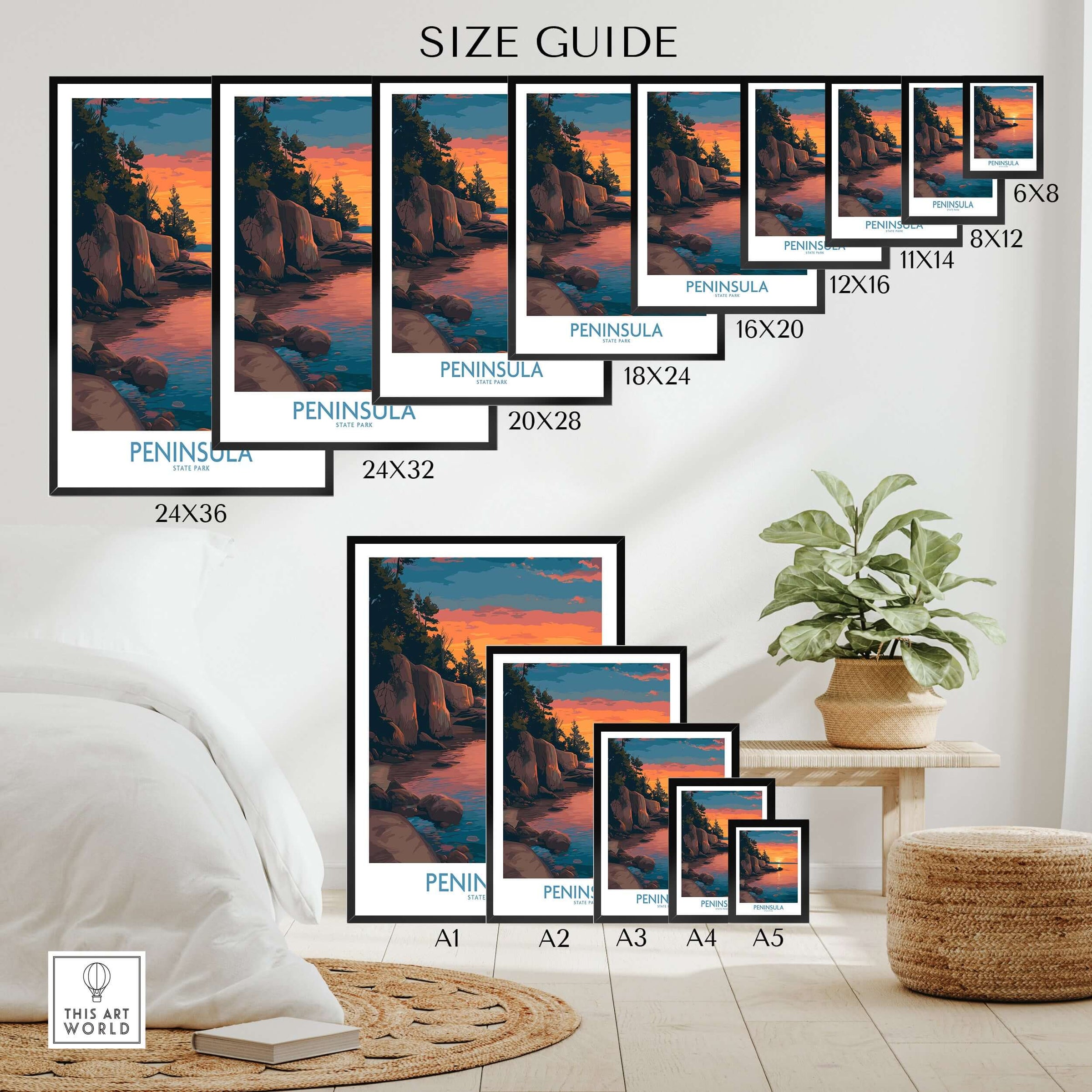 Size guide for Peninsula State Park Golden Hour Lake View Poster - Wisconsin Travel Decor with various frame sizes.