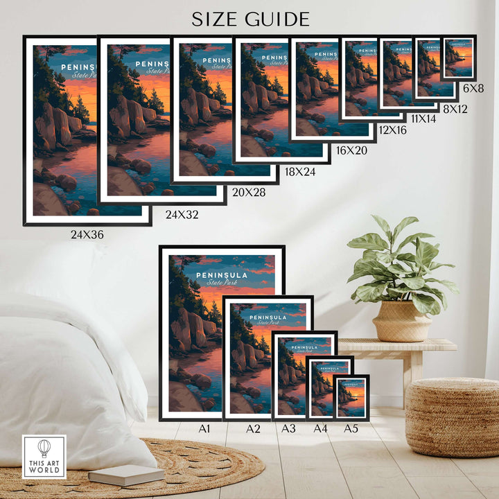 Size guide for Peninsula State Park Sunset Print showcasing various frame sizes and arrangements in a stylish interior.