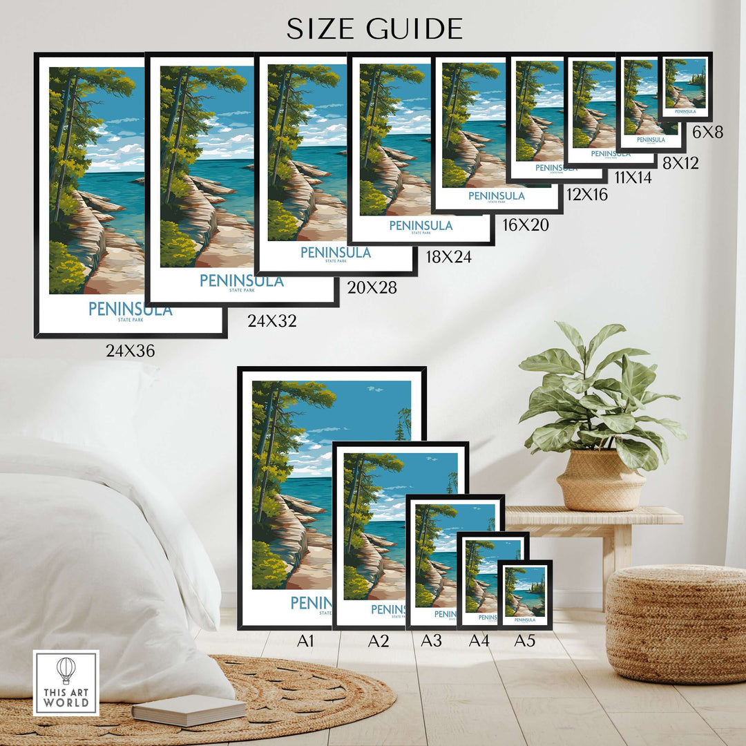 Size guide for Peninsula State Park wall art showcasing various frame sizes and designs in a cozy setting.