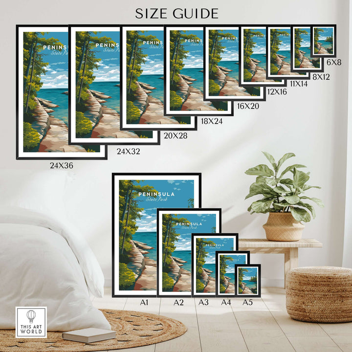 Size guide for green bay scenic poster prints of Peninsula State Park's rocky coastline.