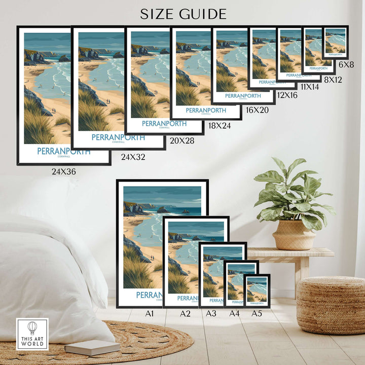 Size guide for Perranporth Cornwall ocean waves seascape poster in various frame sizes.