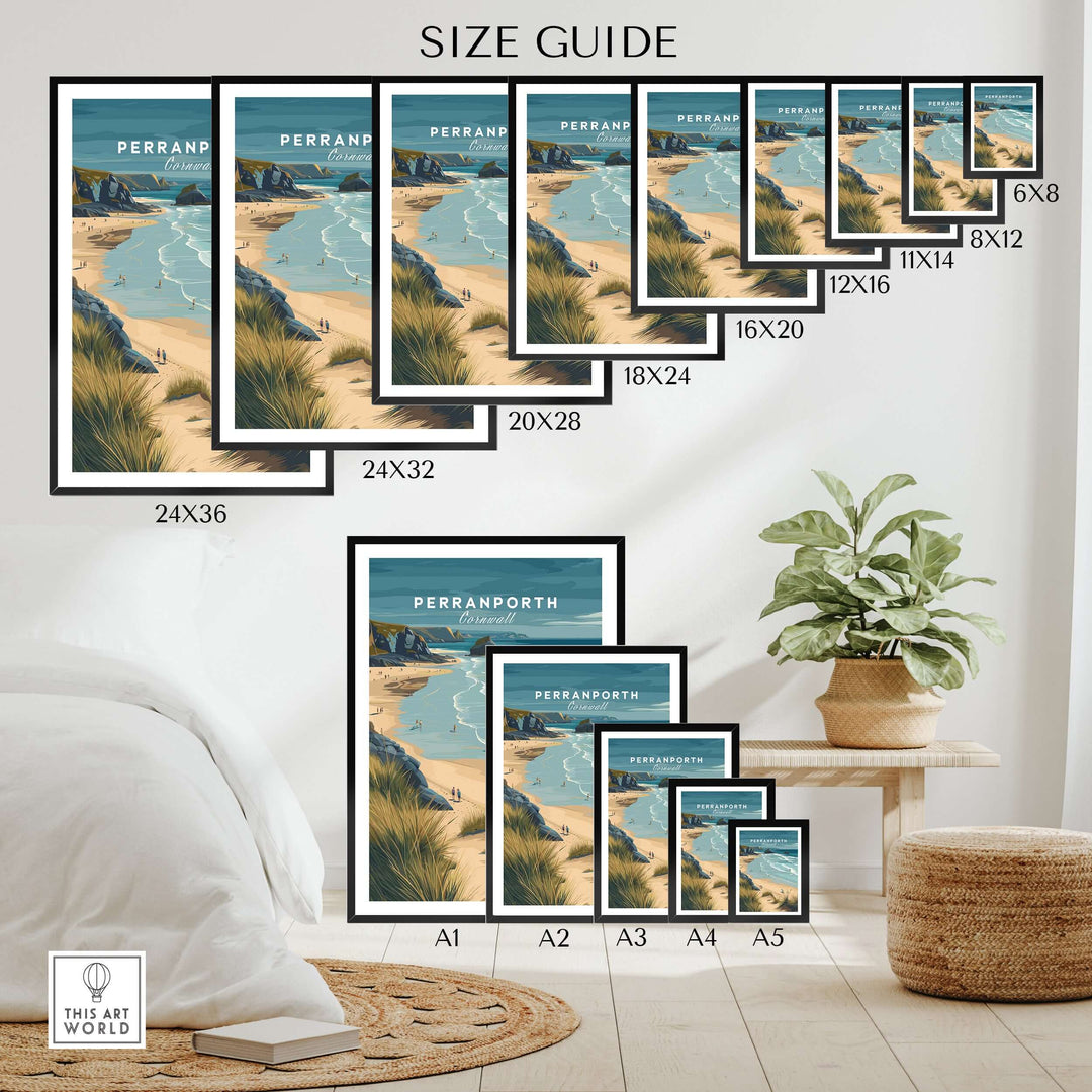 Size guide for Perranporth Cornwall sandy beach dunes print wall art in various dimensions.