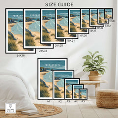 Perranporth Cornwall Sandy Beach Dunes Print - Cornish Coastal Wall Art size guide with various frame dimensions.