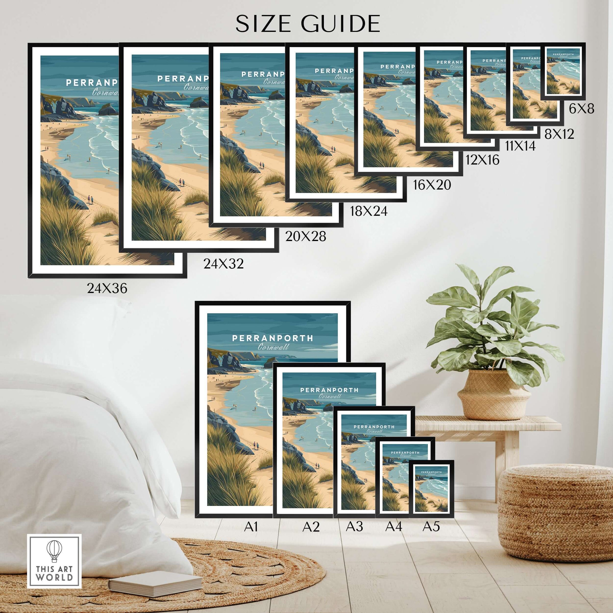 Perranporth Cornwall Sandy Beach Dunes Print - Cornish Coastal Wall Art size guide with various frame dimensions.