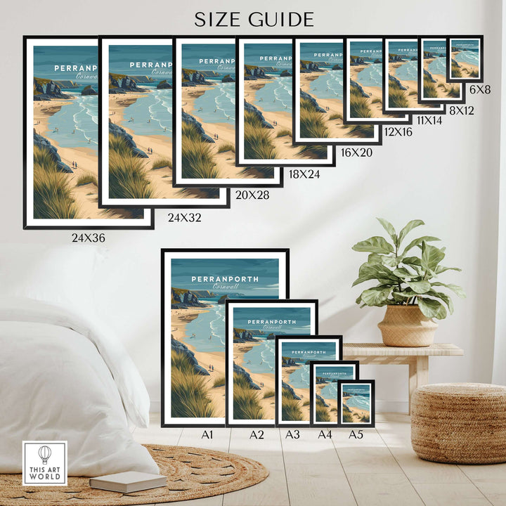 Size guide for Perranporth Cornwall sandy beach dunes print wall art in various dimensions.