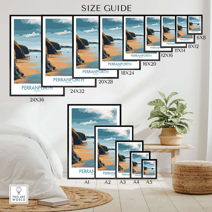 Size guide for Perranporth Cornwall Ocean Walk wall art showcasing various dimensions and coastal decor.