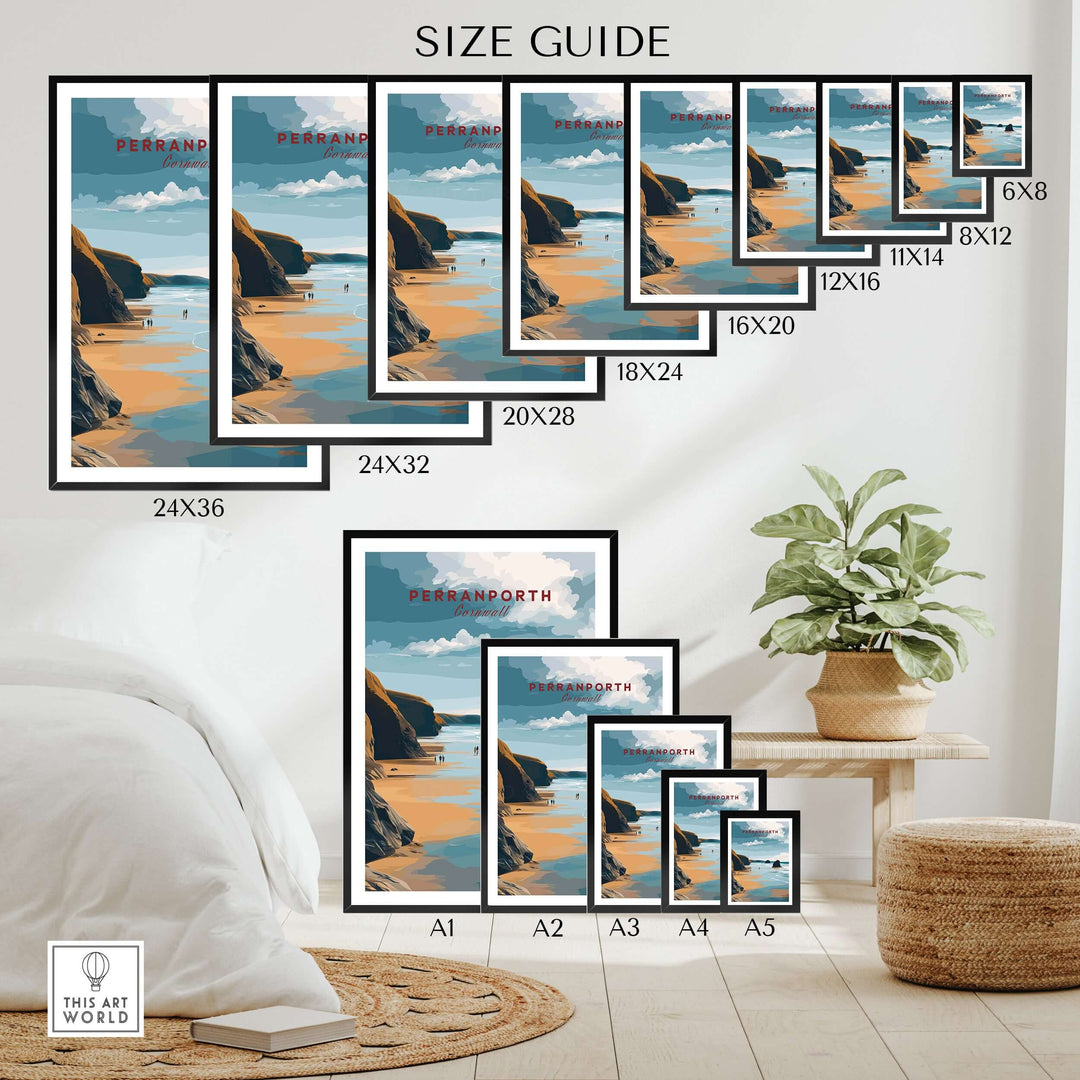 Size guide for Perranporth Low Tide Beach Poster with various frame sizes displayed.