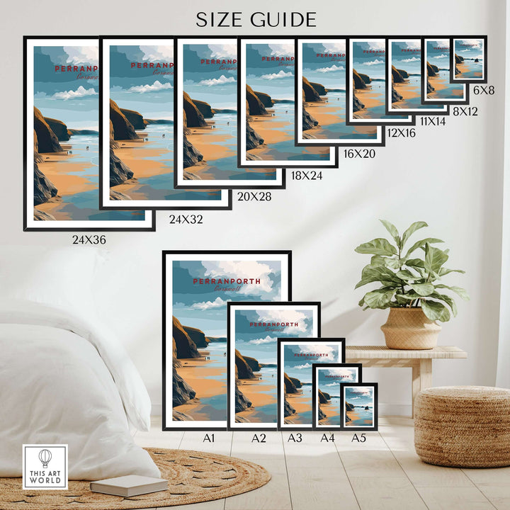 Size guide for Perranporth Low Tide Beach Poster with various frame sizes displayed.