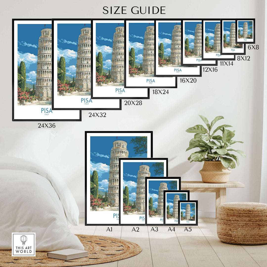 Size guide for Pisa Italy Bell Tower wall art posters showcasing various dimensions and frame styles.