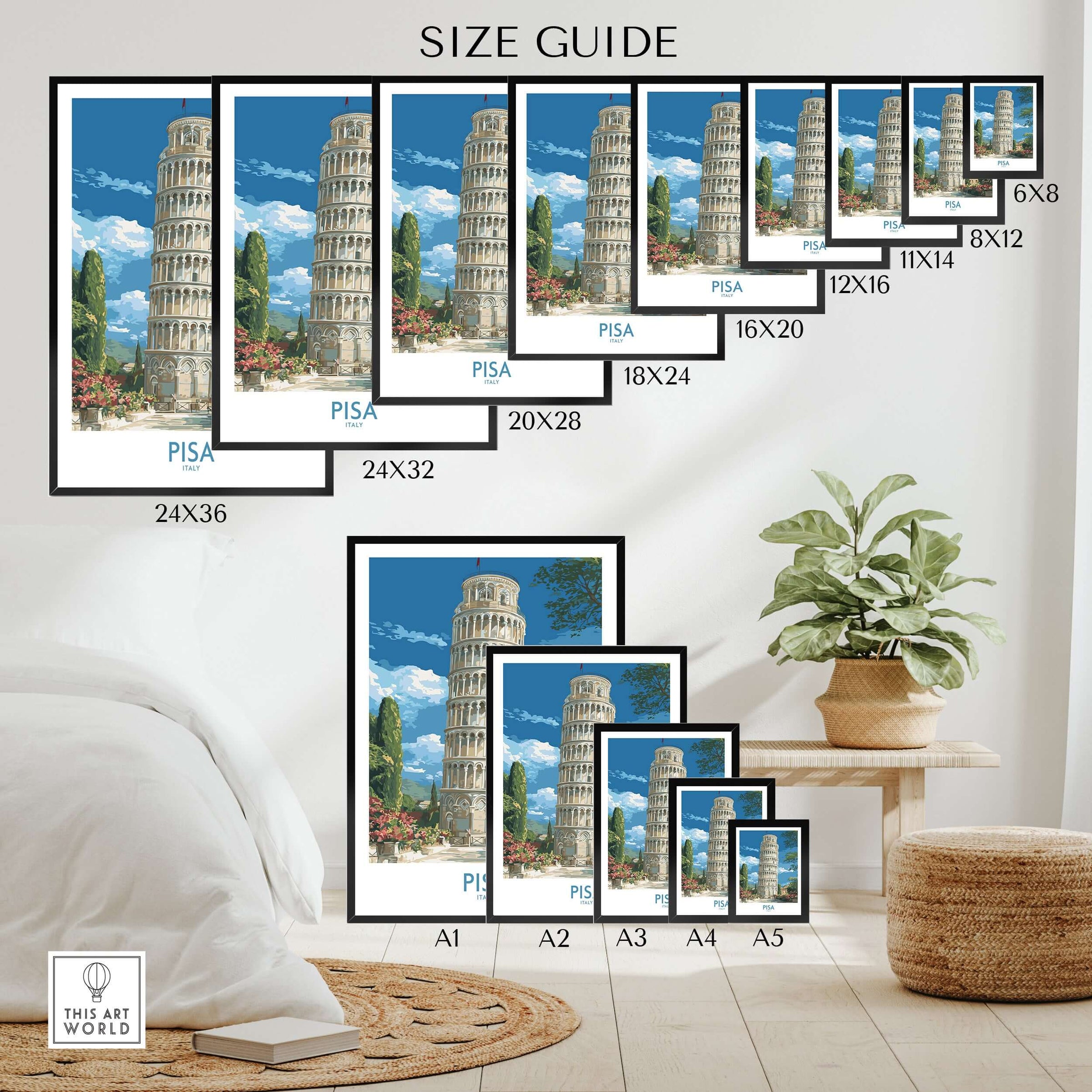 Pisa Italy Bell Tower Travel Wall Art - Historic Tuscany Poster size guide with different frame sizes displayed.