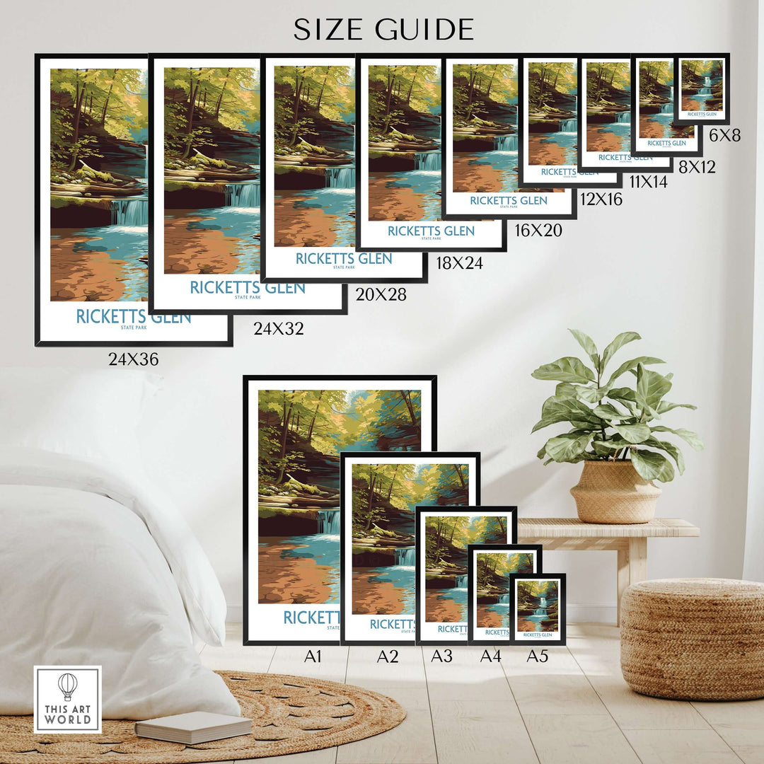 Size guide for Ricketts Glen waterfall poster featuring various frame sizes in a cozy room.