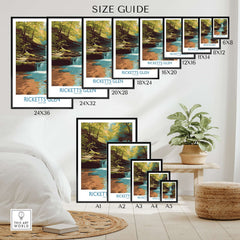 Ricketts Glen State Park Forest Waterfall Poster - Pennsylvania Nature Decor size guide display in a living room setting.