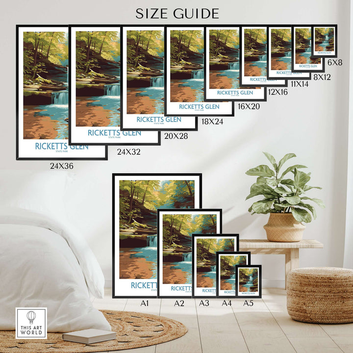 Size guide for Ricketts Glen waterfall poster featuring various frame sizes in a cozy room.